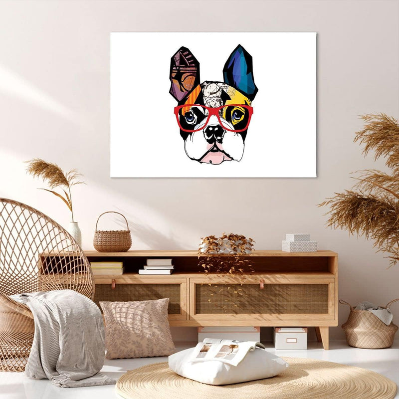 Bilder auf Leinwand 100x70cm Leinwandbild Hund Brille Bunt Bulldogge Gross Wanddeko Bild Schlafzimme