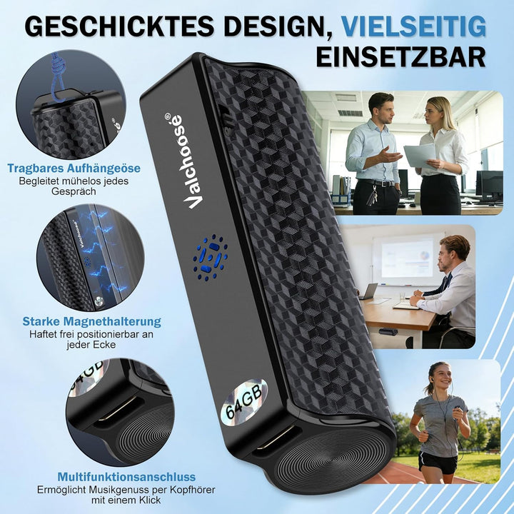 Valchoose 64 GB Digitales Diktiergerät – Aufnahmegerät Klein mit One-Touch-Aufnahme, Magnetfunktion