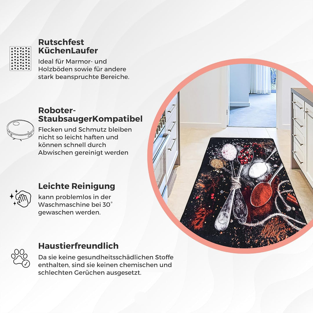 miqna Küchenteppich, rutschfeste Küchenläufer, Waschbarer Küchen Teppich, Schwarz Küchenmatte, Wasch