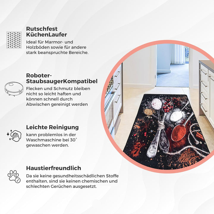 miqna Küchenteppich, rutschfeste Küchenläufer, Waschbarer Küchen Teppich, Schwarz Küchenmatte, Wasch