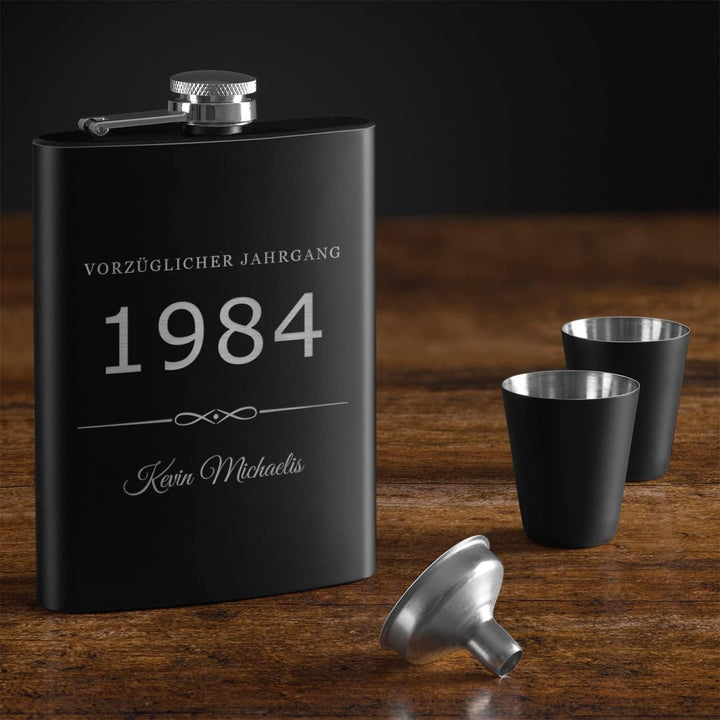 Maverton Flachmann Set 200 ml mit Gravur - Taschenflasche + 4 Schnapsgläsern 20 ml mit Trichter - Br