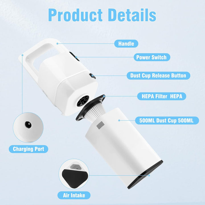 Handstaubsauger Akku Testsieger, 20000Pa Auto Staubsauger Kabellos mit Waschbar HEPA-Filter Mini Kle