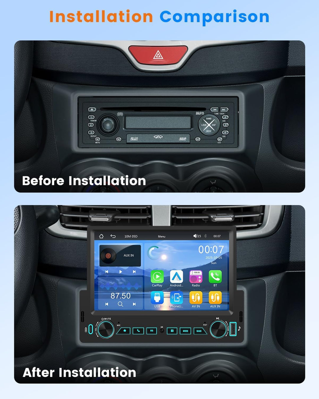Hikity Autoradio Bluetooth 1 DIN Stereo Auto Bluetooth kompatibel mit Wireless CarPlay & Android Aut