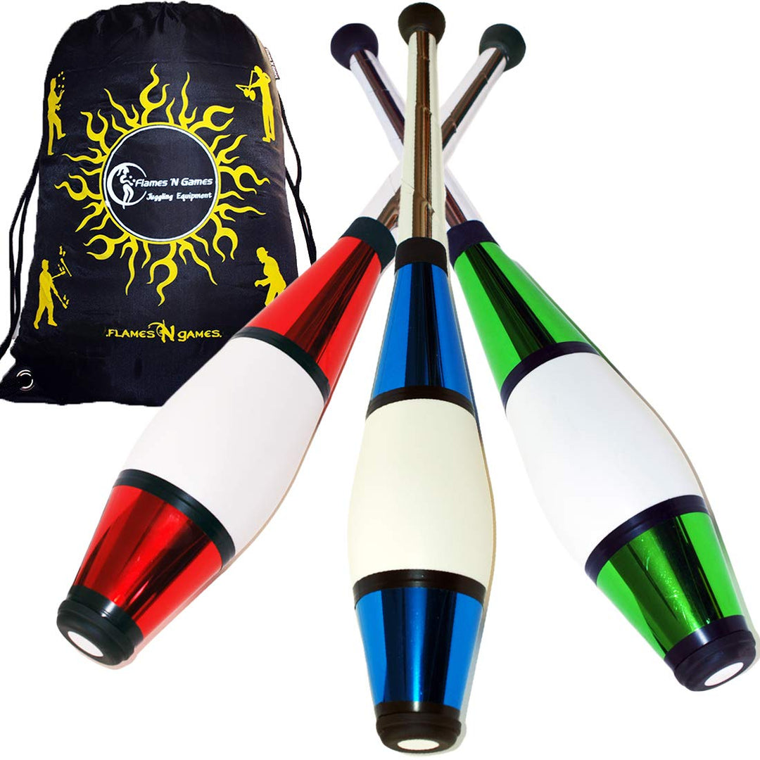 Euro PRO Jonglierkeulen 3er-Set (Rot/Grun/Blau) Jonglier Keulen Training Set + Flames N Games Reiset