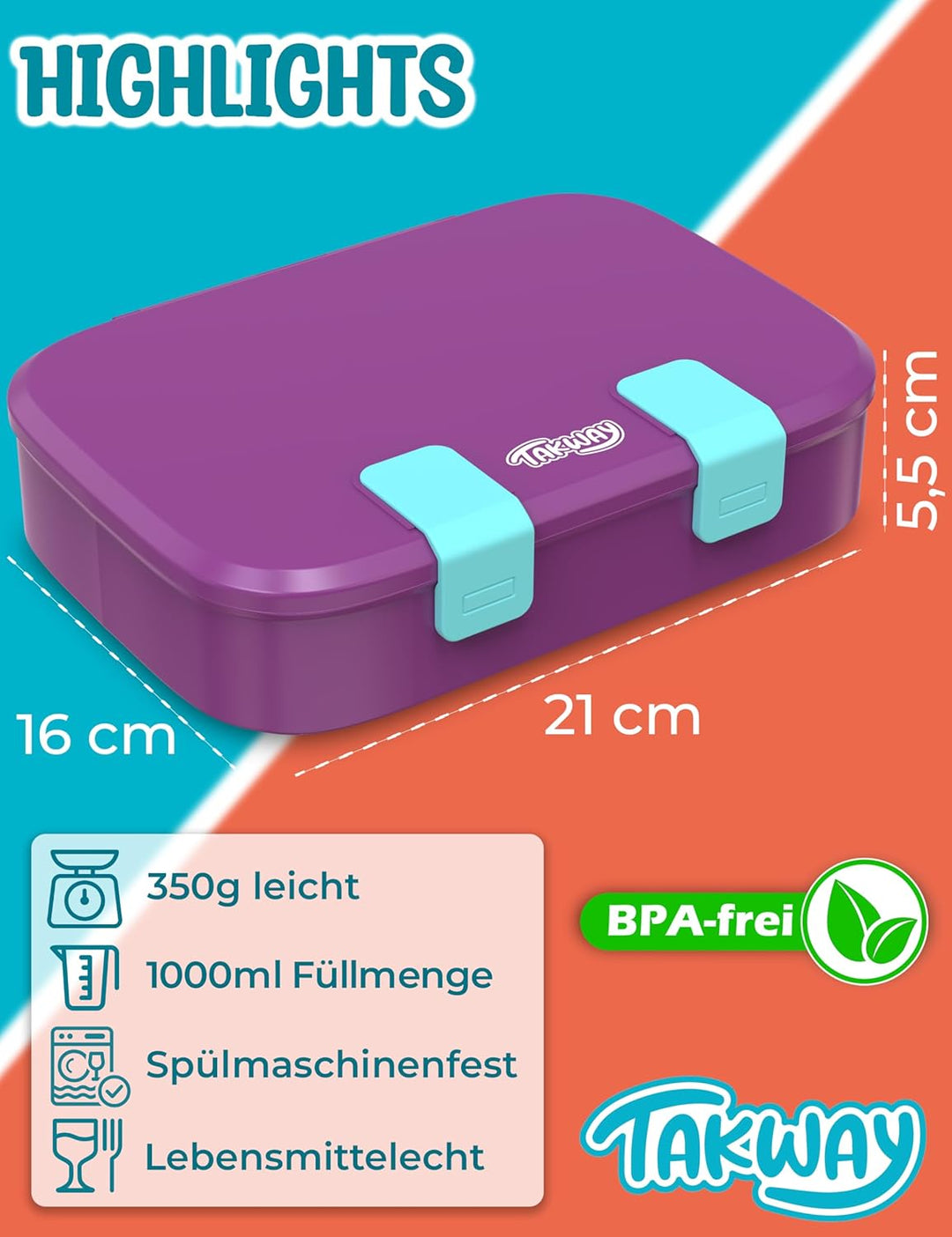 Brotdose Kinder mit Fächern - Bento Box Lunchbox BPA Frei - robust & leicht zu öffnen (Lila), Lila