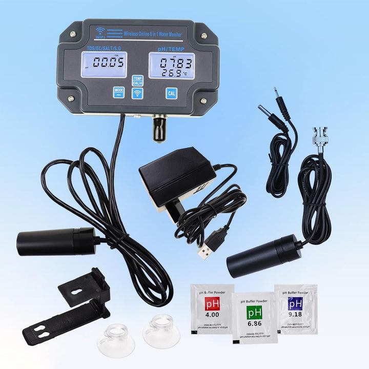 WLAN-Wasserqualitätstester, 6-in-1-pH-Monitor, misst pH/EC/TDS/Salzgehalt/spezifisches Gewicht und T