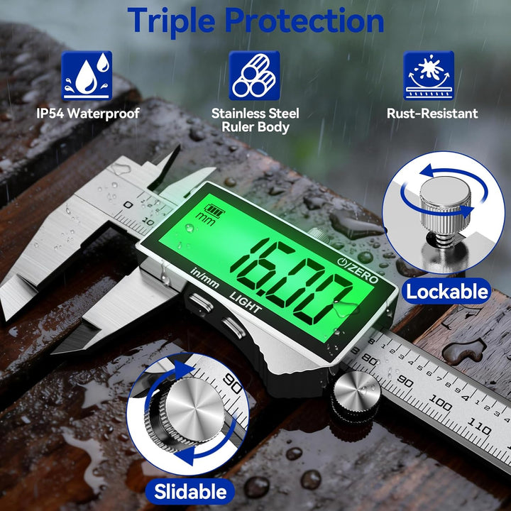 Preciva 150mm Digitaler Messschieber, Digitale Schieblehre Edelstahl Wiederaufladbar IP54 - Wasserdi