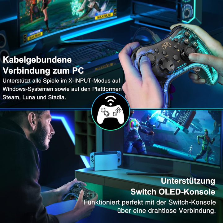 HASACOOL Switch Controller für Nintendo, Switch Controller mit Transparent/Leuchtend/Aufwecken/App-S