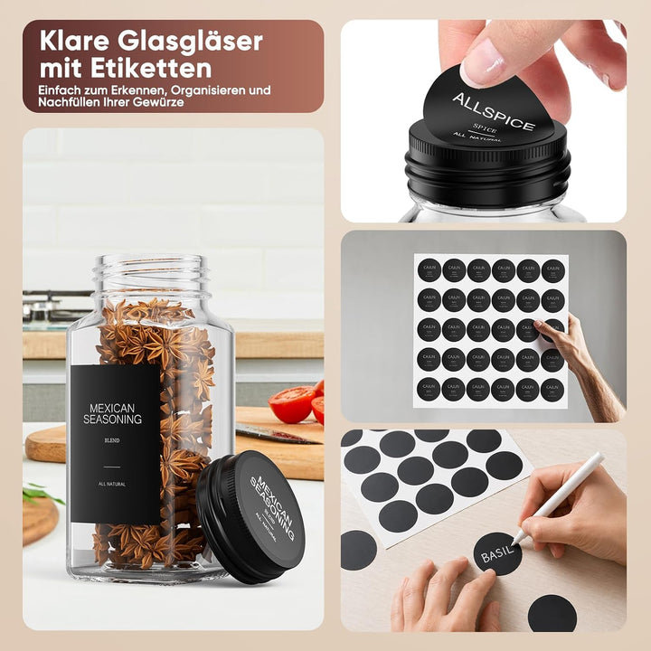 Gewürzregal Set mit Gläsern - 4 Ebenen Gewürzständer 28-tlg. Metall Schwarz - Küchen-Organizer inkl.