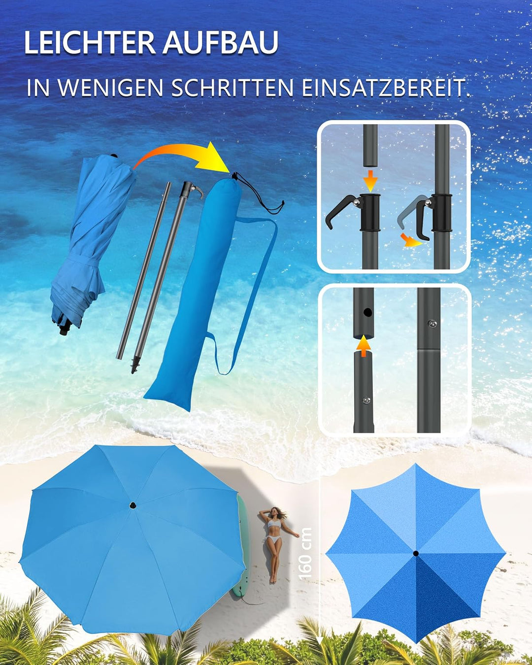 4smile Sonnenschirm Strand Ø 160 cm - UPF 50+ Praktischer Reise Sonnenschirm für Koffer - Funktionel