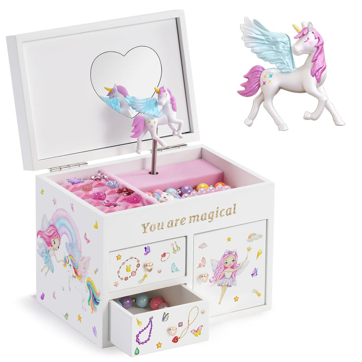 Lolalet Mädchen Schmuckkästchen, Holzschmuck Organizer mit Einhorn, Schmuckkasten für Halskette Ohrr