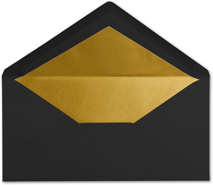 75 Brief-Umschläge DIN Lang - Schwarz mit Gold-Metallic Innen-Futter - 110 x 220 mm - Nassklebung -