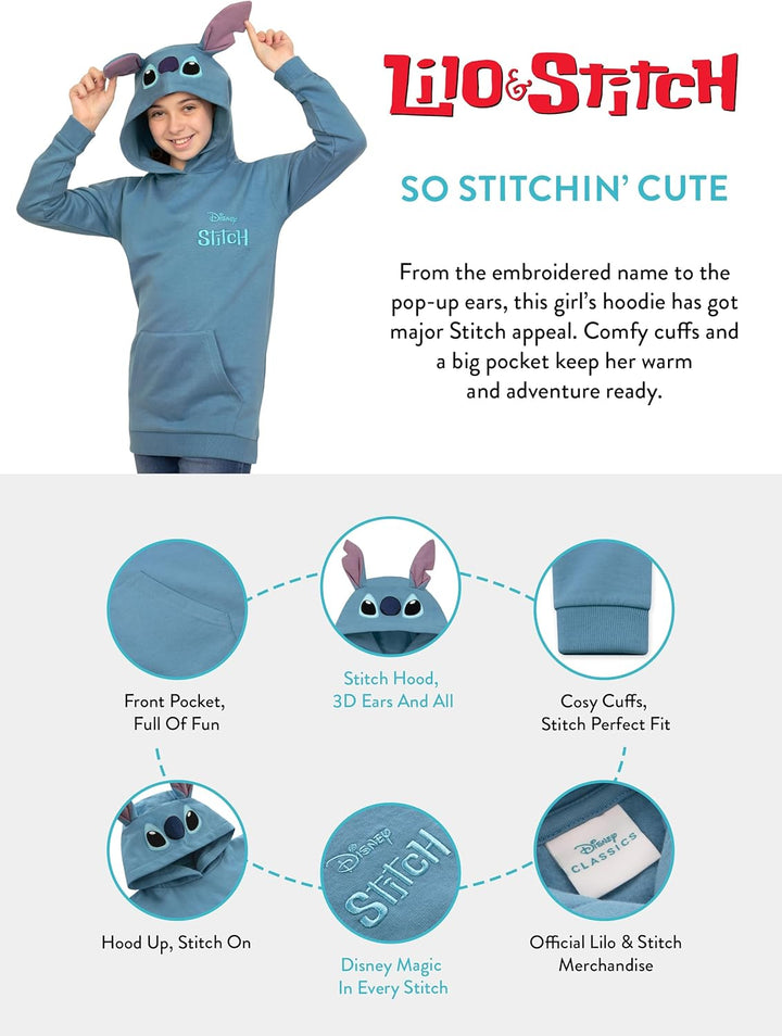 Disney Lilo Und Stitch Hoodie, Langer Kinder Hoodie, Stitch Pullover Mit 3D-Ohren, Baumwoll Mädchenk