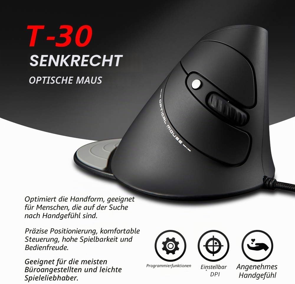 zelotes Vertikale Maus mit Kabel, ergonomisches Design, USB-LED-Maus mit 6 Tasten und 4 einstellbare