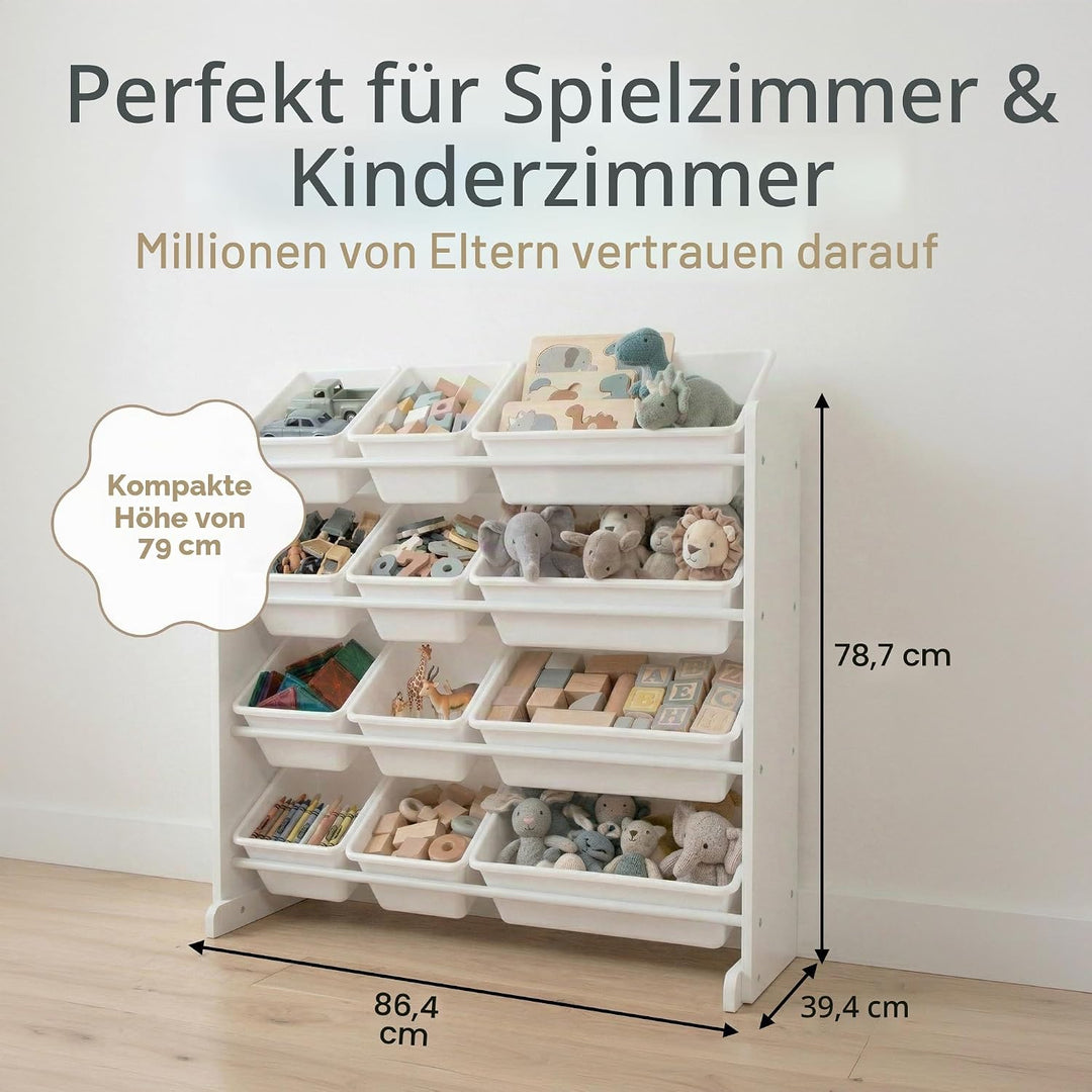 Humble Crew WO565 Kinderregal - Spielzeugregal-Organizer aus Holz mit 12 Aufbewahrungsboxen, Weiss/W