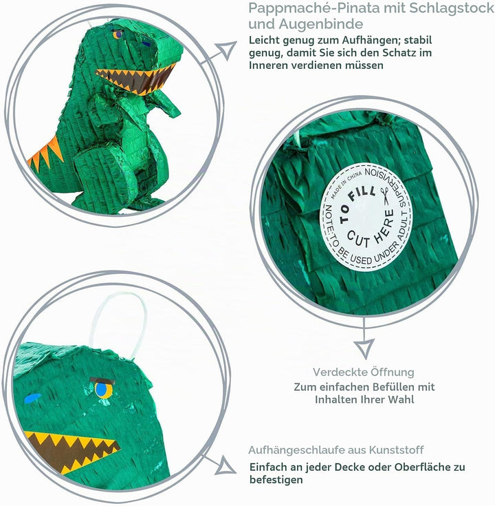 Fax Potato - Pinatas Dinosaurier -Karton Pinata, Stick Und Augenbinde - W43cm X D13cm X H55cm - Grün