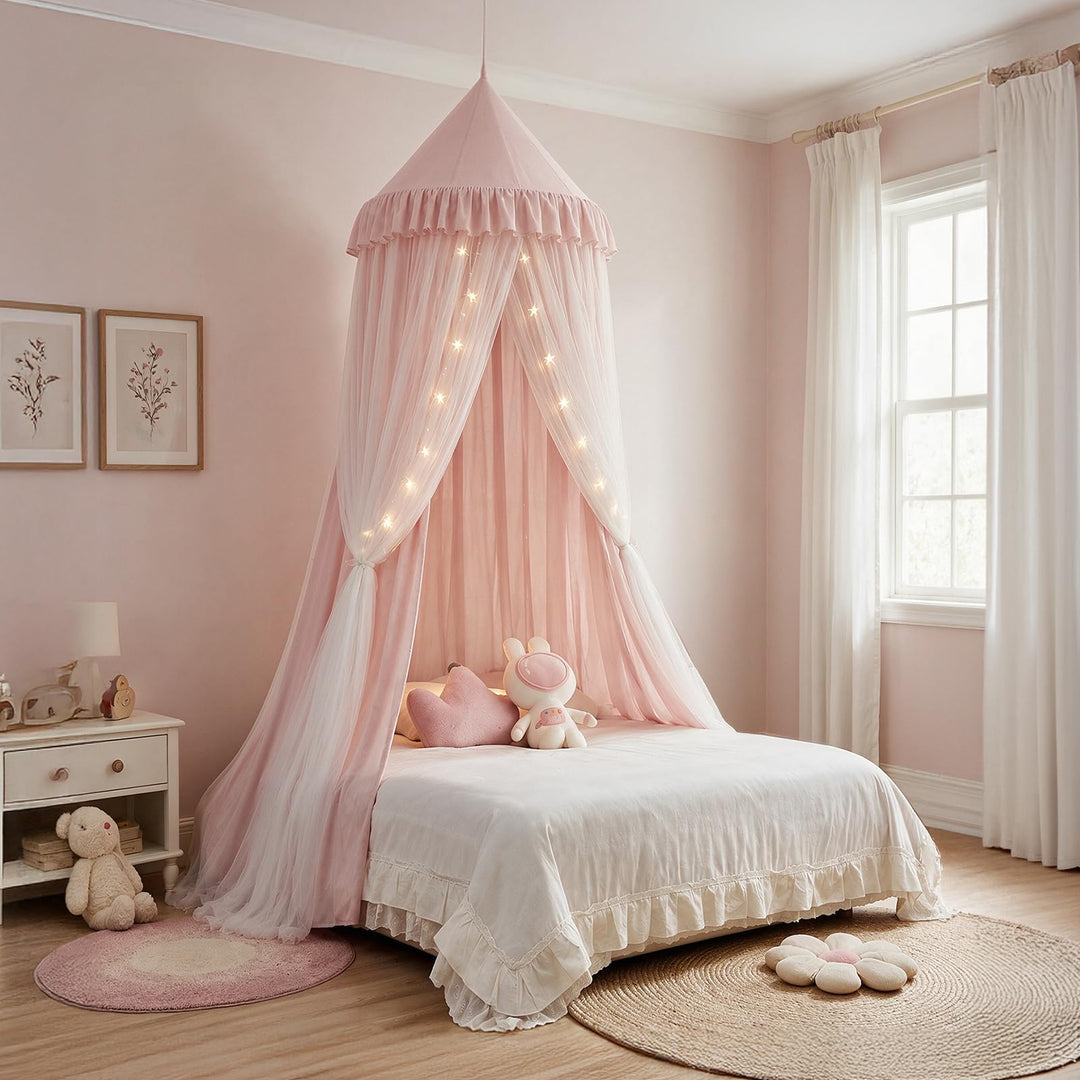 Mallify Moskitonetz Betthimmel mit Sternenlichtern, atmungsaktiv &amp; waschbar Doppelte Lage Babybett B