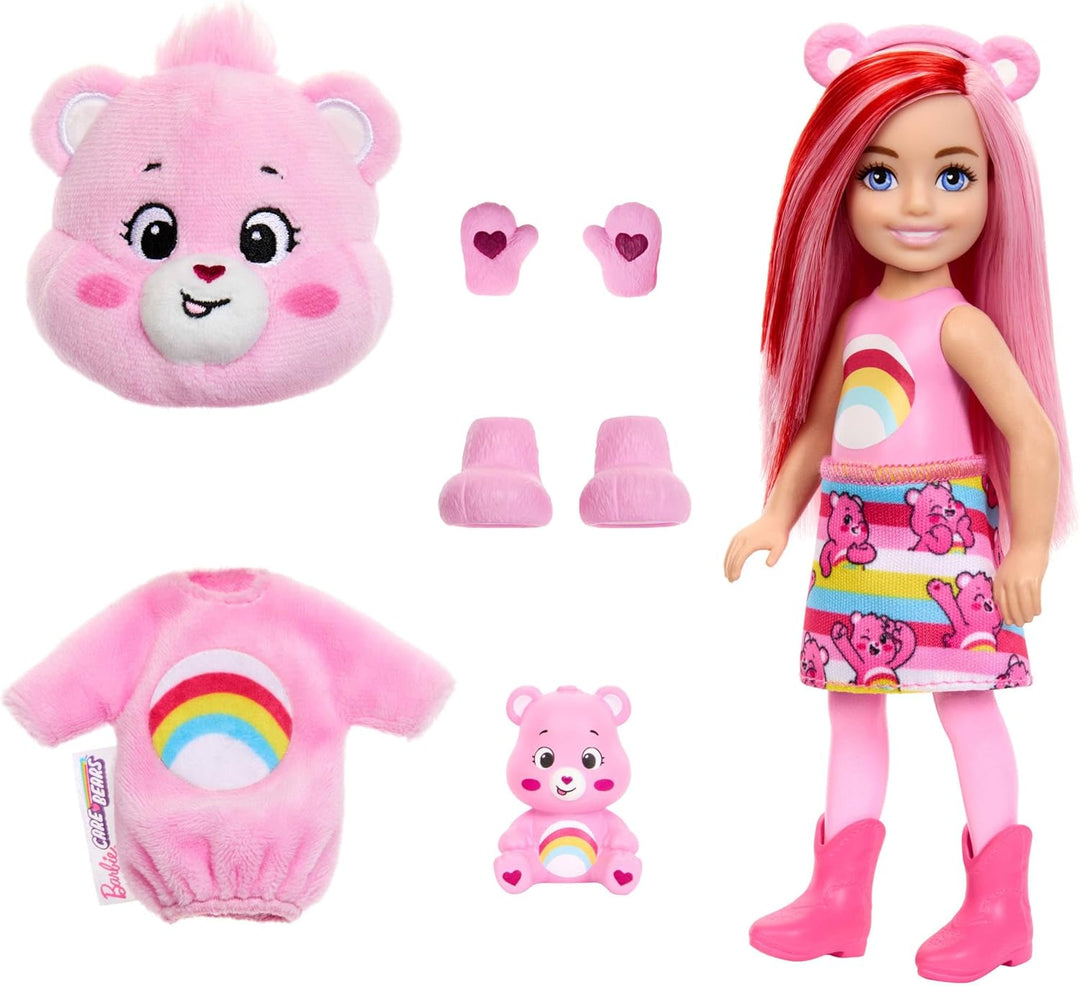 Barbie Cutie Reveal Chelsea-Puppe und Accessoires, Glücksbärchis-Reihe, kleine Puppe mit Plüschkostü