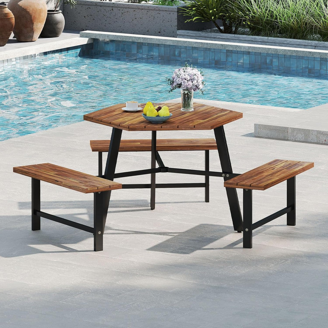 COSTWAY Picknicktisch Set für 6 Personen, Gartentisch aus Akazienholz mit Schirmloch & 3 Bänken, Ter