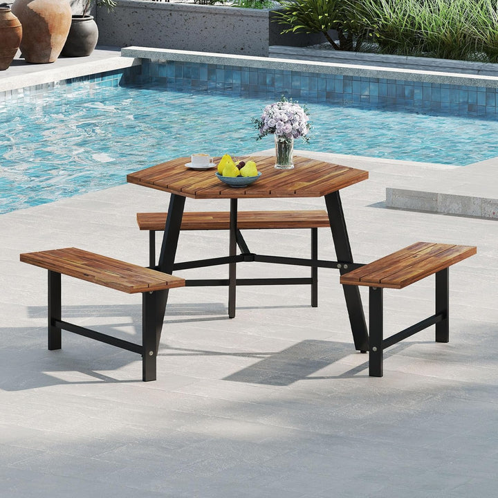 COSTWAY Picknicktisch Set für 6 Personen, Gartentisch aus Akazienholz mit Schirmloch & 3 Bänken, Ter