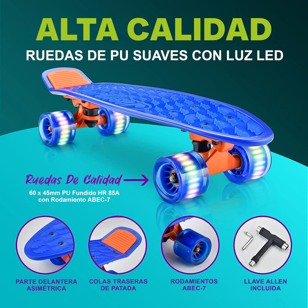 Hurtle Skateboard Kinder ab 6 Jahre, Mini Skateboard mit LED Leuchtrollen, 55cm Pennyboard mit Anti-