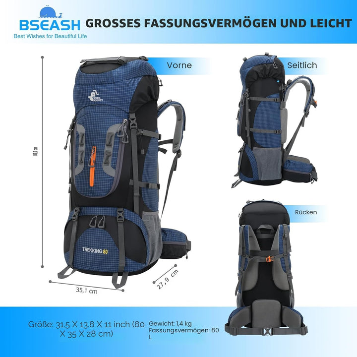 Bseash 80L Wasserdichter Wanderrucksack mit Regenschutz, leichter Outdoor-Sport, Reisen, Tagesrucksa