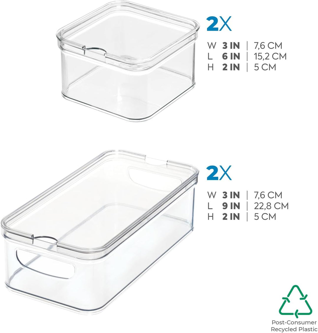 iDesign Crisp Kühlschrank-Organizer-Set mit Deckel, recycelter Kunststoff, transparent/weiss, 4-teil