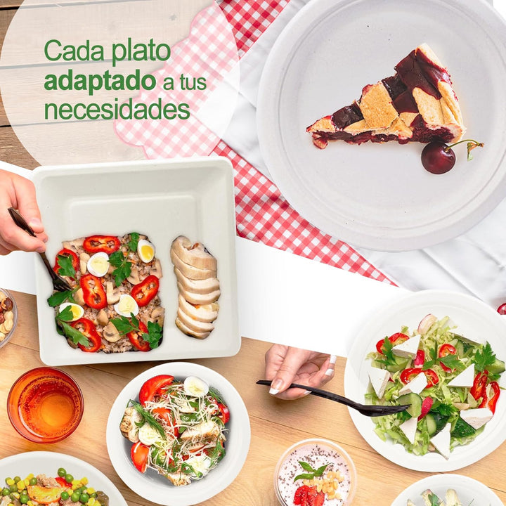 EXNIMA, Packung 50, 100 oder 200, biologisch abbaubare Einweg-Zuckerrohr-Einwegteller, rund, Einwegg