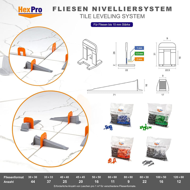 Fliesen Nivelliersystem 1mm 1,5mm 2mm Laschen, Fliesenstärke bis 15mm Fliesenkeile, Verlegehilfe Set