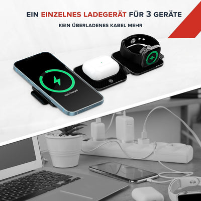 CANYON Faltbar 3 in 1 Ladestation Apple Watch und iPhone Airpods mit Reisetasche Wireless Charger 3
