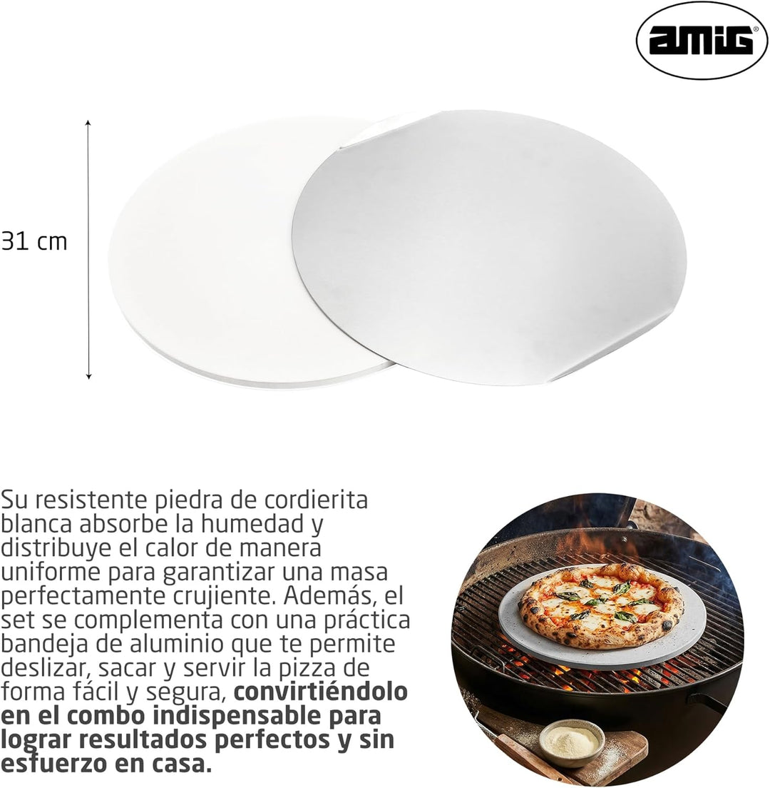 Amig – Pizza‑Set für Grill – Cordieritstein und Aluminiumplatte – Durchmesser Stein 33 cm – Durchmes