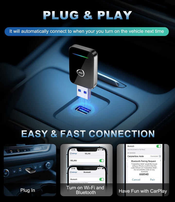 Carplay Wireless Adapter für iPhone, Upgrade Wired CarPlay auf Wireless, Smarte Sprachsteuerung Adap