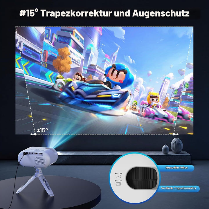 Mini Beamer mit Stativ 1080p WLAN- und Bluetooth-Unterstützung Tragbarer Beamer, Kompatibel mit Smar