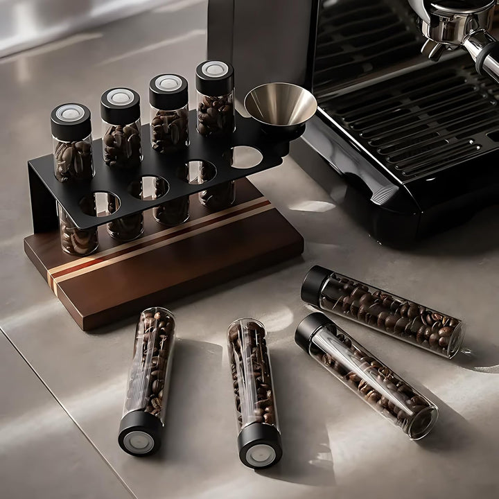 8 Tuben Kaffeebohnen Behälter, Walnuss Einzeldosis kaffeedose mit Ständer und Trichter, Espressobohn