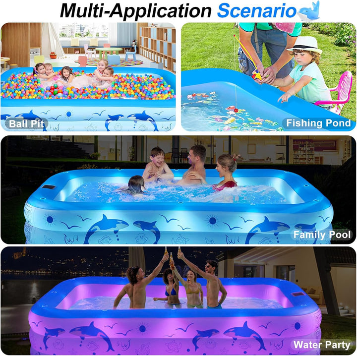 LanOcean Aufblasbarer Pool Erwachsene mit Lichter, Solar Swimmingpool Kinder mit 12 Beleuchtungmodi,