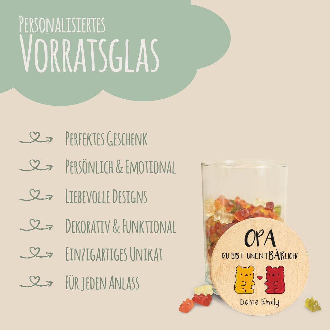 GRAVURZEILE Vorratsglas mit bedrucktem Holzdeckel - UnentBÄRlich Opa - Personalisiert mit Name - Kek