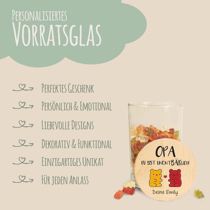 GRAVURZEILE Vorratsglas mit bedrucktem Holzdeckel - UnentBÄRlich Opa - Personalisiert mit Name - Kek