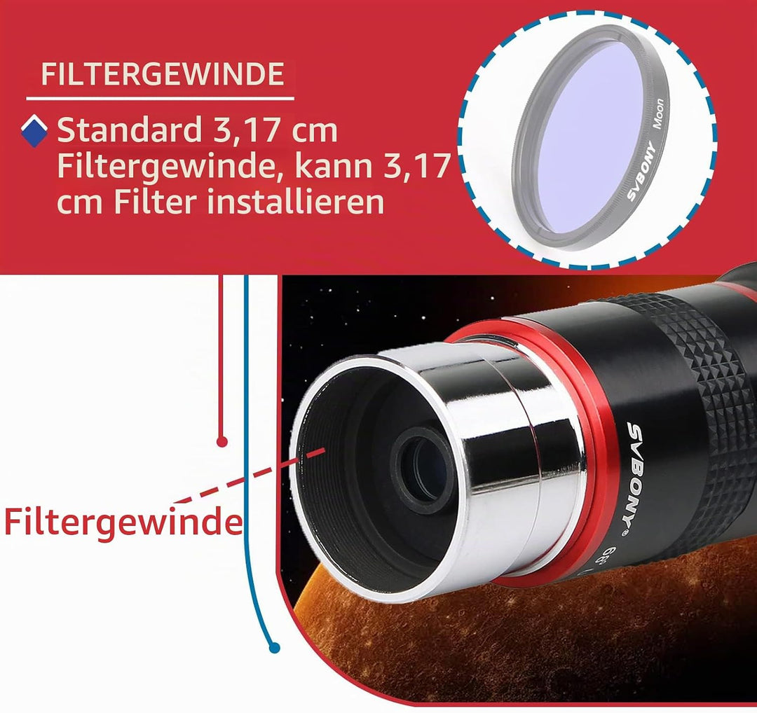 Svbony Teleskop Okular 6mm, 1,25” 68° Weiterwinkel Angenehmes Okulare FMC Sichtfeld Scharfe Bilder,