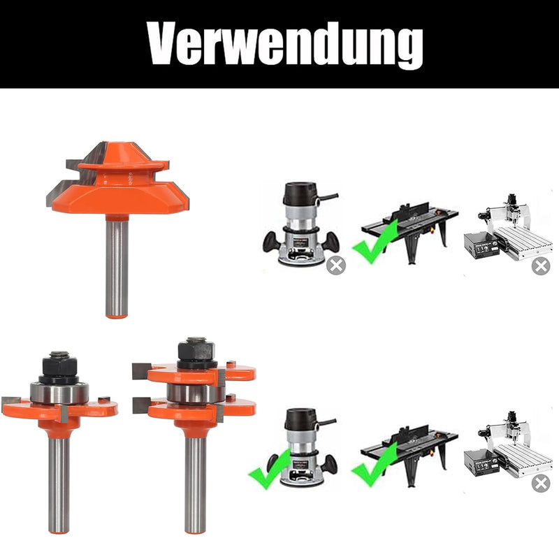 AKYLIN 3tlg 45 Grad Gehrungsfräser Nut und Feder Fräser Set 8mm Schaft,Scheibennutfräser mit 4 Lager