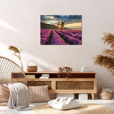 Bilder auf Leinwand Lavendel Berge Feld Leinwandbild mit Rahmen 70x50cm Wandbilder Dekoration Wohnzi