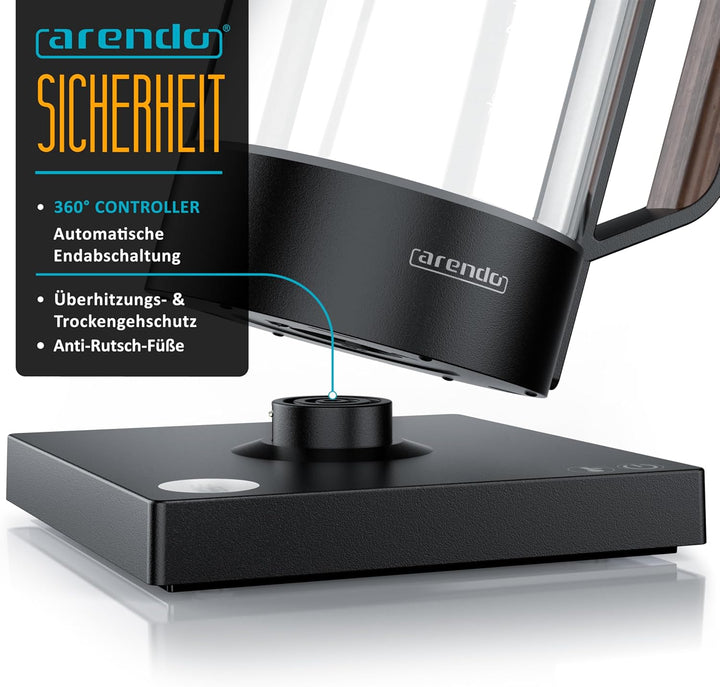 Arendo - Glas Wasserkocher mit Temperatureinstellung - Edelstahl Teekocher 1 Liter – Integriertes Te