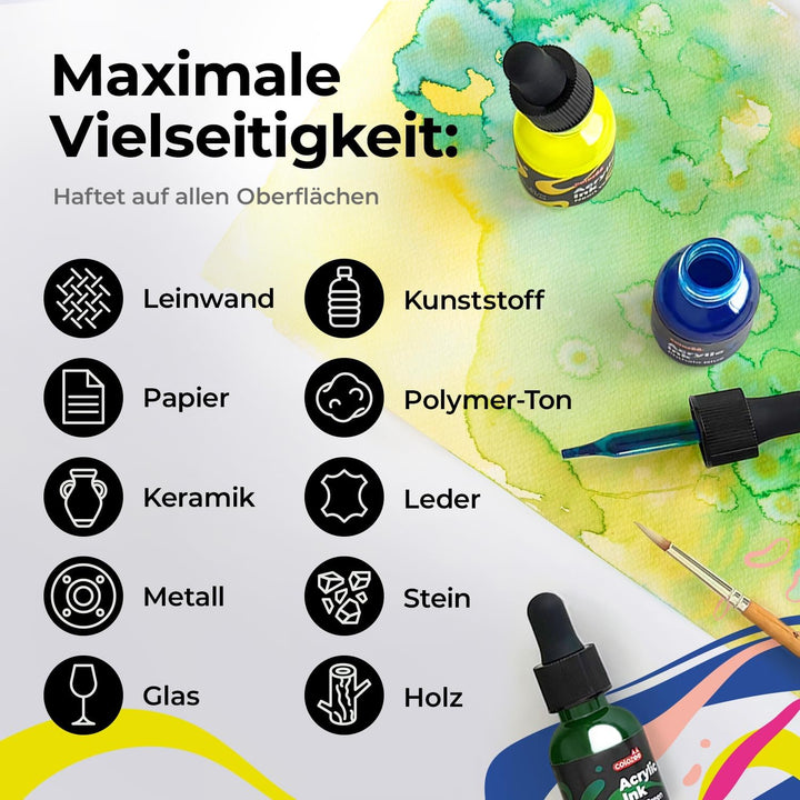 8x20ml Acrylic Ink Set, Permanent, Wasserfeste, Acryltinte inklusive 6 Primärfarben & 2 Neon Farben,