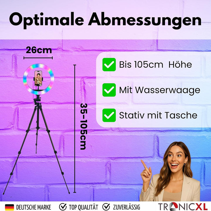 TronicXL 1,05m Premium Kamerastativ für Smartphone iPhone Stativ Tripod mit RGB Ringlicht Ringlampe