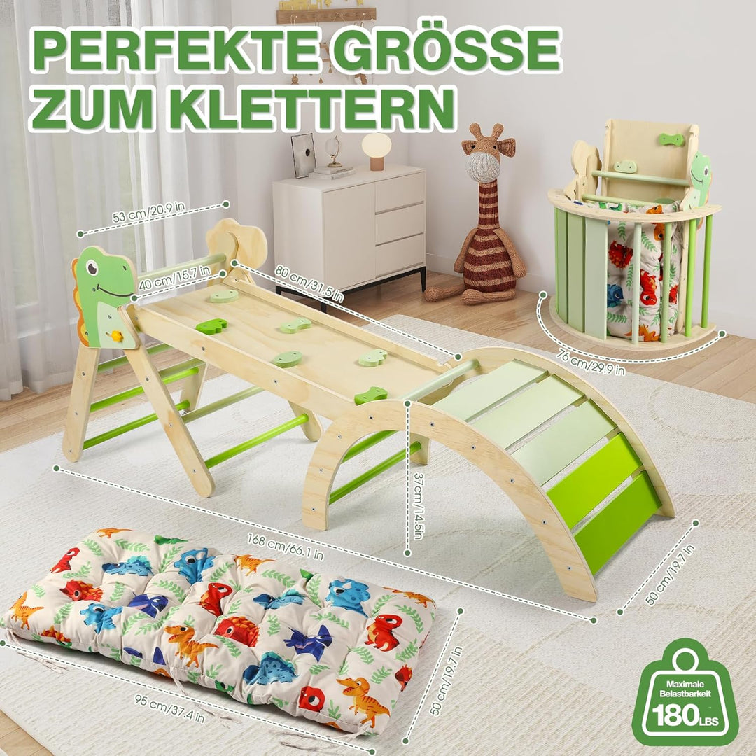 7-in-1 Montessori Kletterdreieck Set mit Rutsche, Kletterbogen & weichem Kissen – Holz Klettergerüst