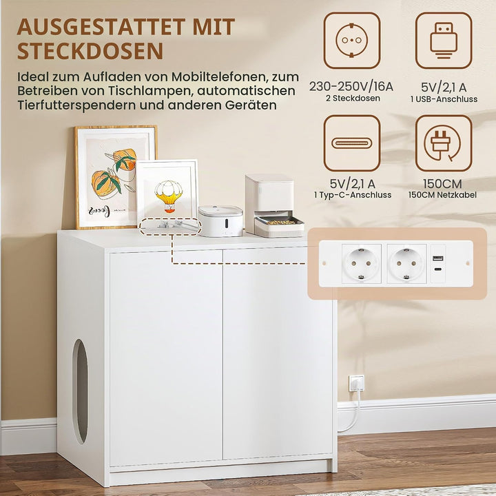 Katzenklo Schrank Versteckt mit Steckdosen, 80 x 60 x 80 cm, Weiss | Katzenschrank Möbel mit USB, fü
