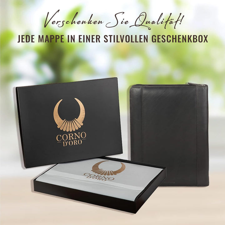 Corno d´Oro Schreibmappe A4 12 Zoll Fach für iPad Tablet I RFID Konferenzmappe Leder mit Reissversch