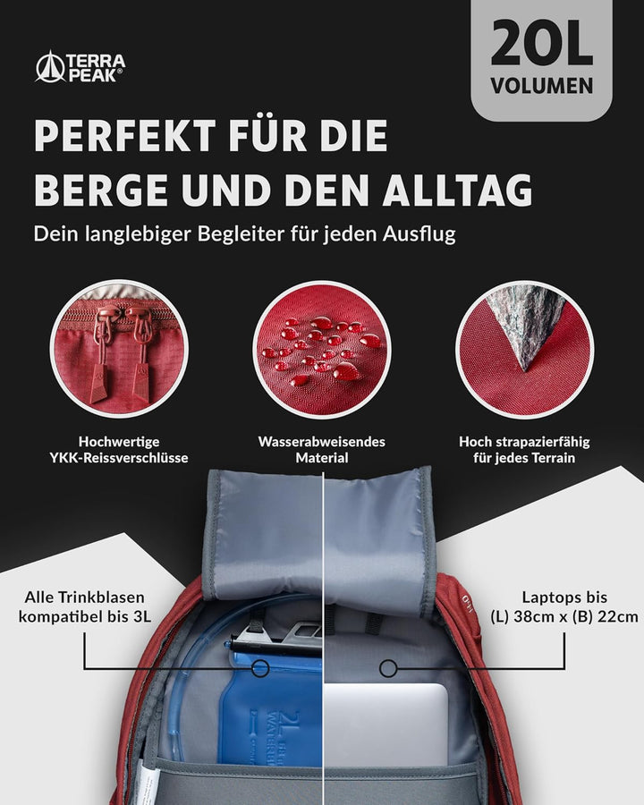 Terra Peak® Premium Wanderrucksack 20L (FLEX 20) klein mit Rückenbelüftung, Regenschutz &amp; Trinksyste