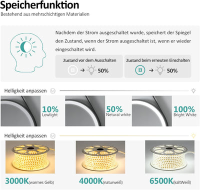 EMKE runder Spiegel mit Beleuchtung 50cm Durchmesser Badspiegel rund Schwarz, mit 3 Lichtfarbe dimmb