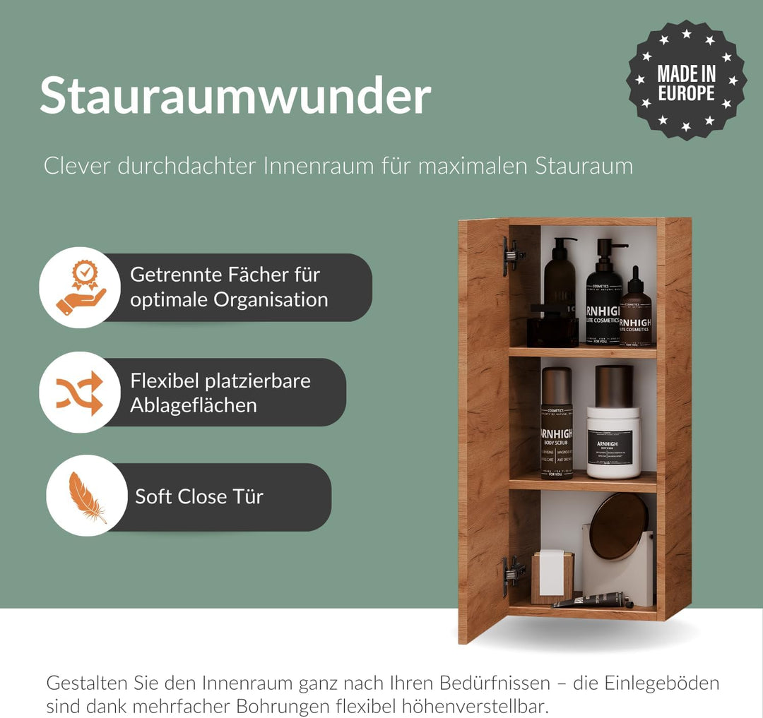 Planetmöbel Bad Midischrank in Gold Eiche 32cm, Hängeschrank für Badezimmer, Kleiner Badschrank für