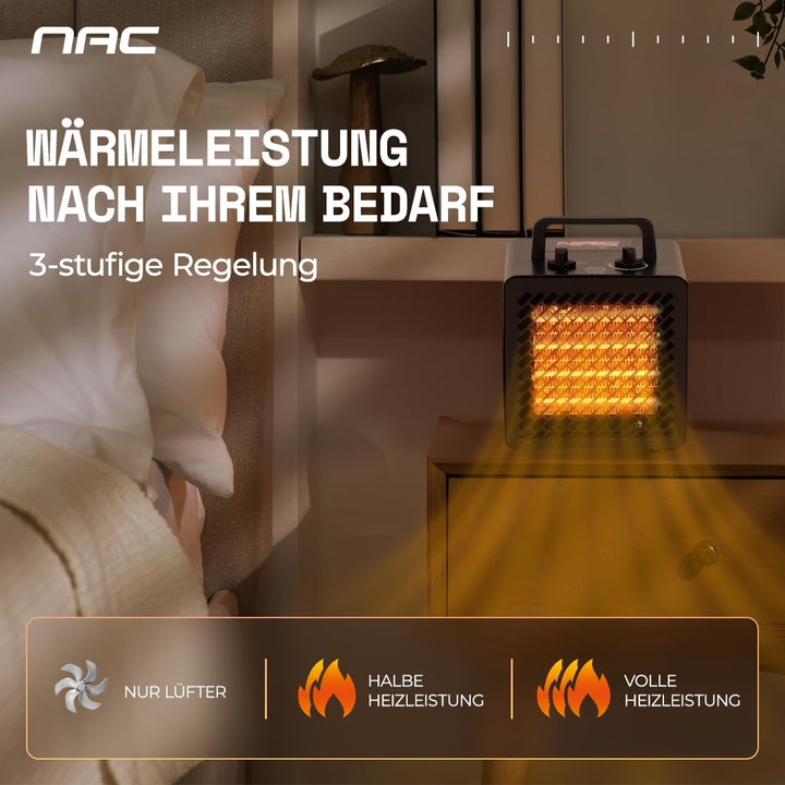 NAC Elektrischer Keramik Heizlüfter 2000 Watt - Heizstrahler mit Thermostat, Heizung Elektrisch - He